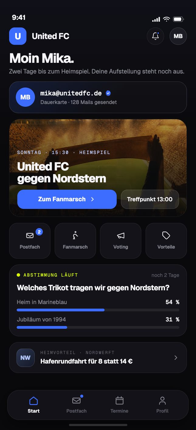 Startseite der Fan-Plattform von United FC mit Adresse mika@unitedfc.de, Heimspiel-Karte, Abstimmung und Partner-Angebot