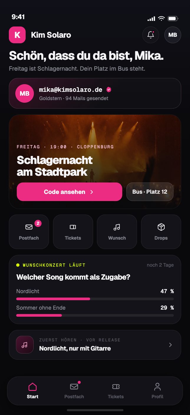 Startseite des Fanclubs von Kim Solaro mit der Adresse mika@kimsolaro.de, dem nächsten Termin und laufendem Wunschkonzert