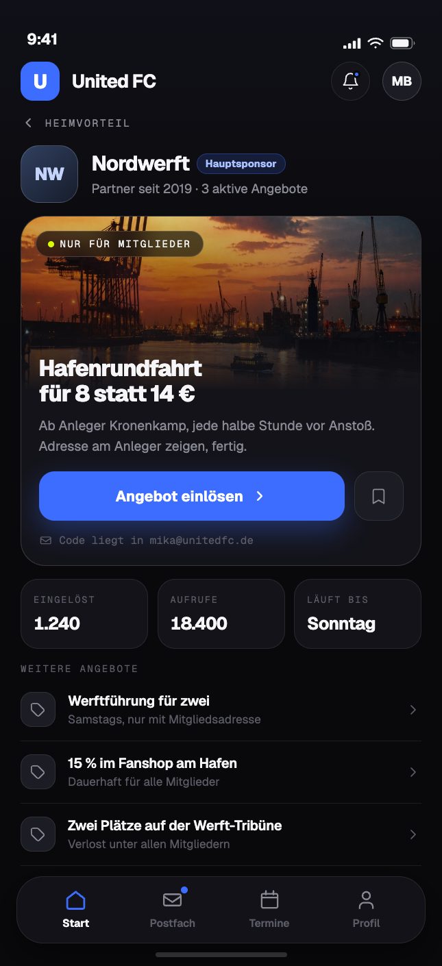 Sponsoren-Profil in der Fan-Plattform: Nordwerft als Hauptsponsor mit einem Angebot nur für Mitglieder und messbaren Zahlen